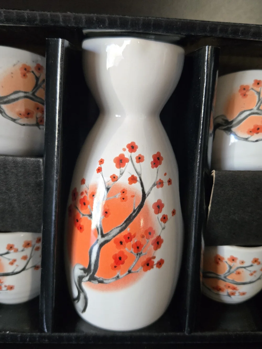 5 Piece Ceramic Sake Set with Orange Blossom Design
